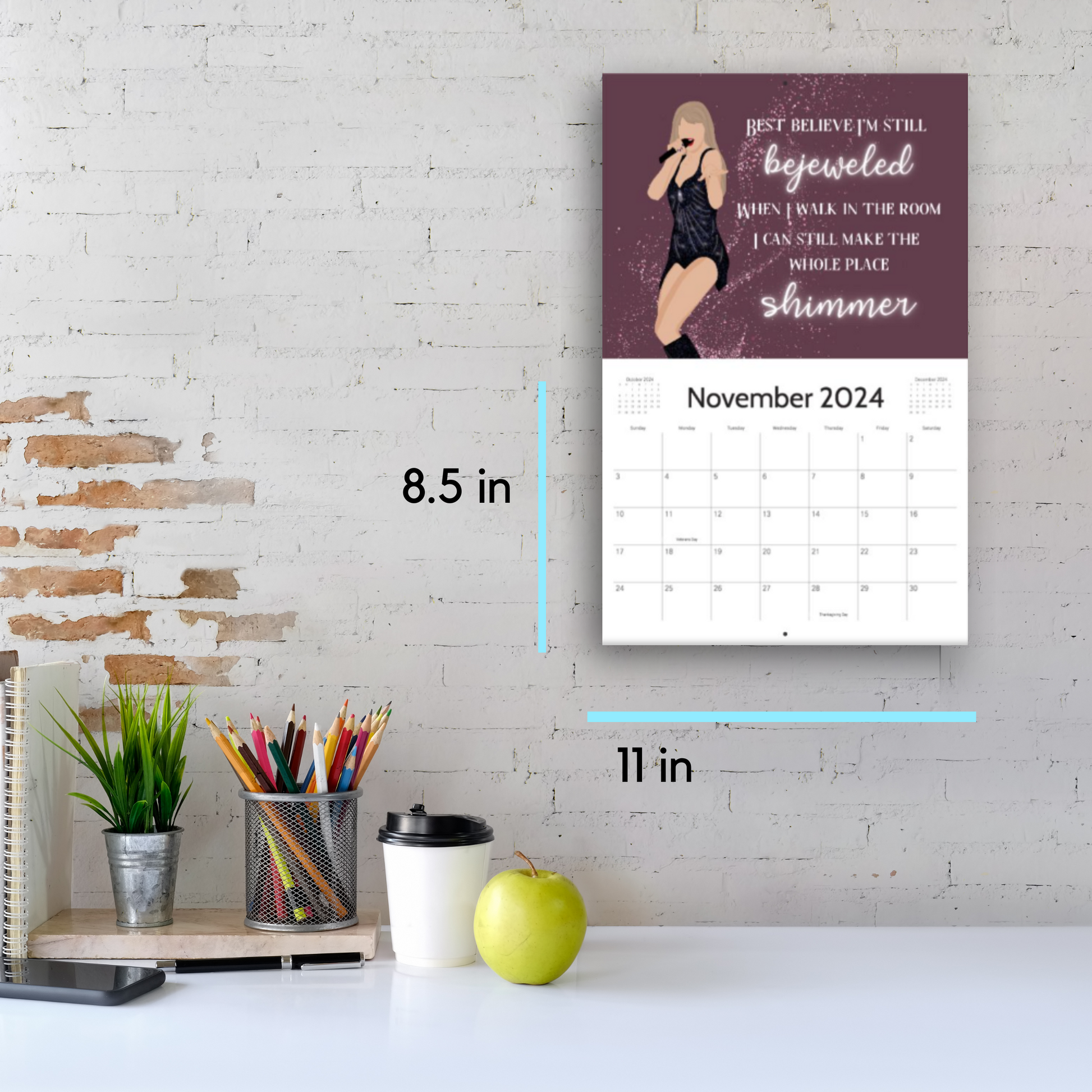 Taylor Swift 2024 Wall Calendar, sizing guide in reference to office decor