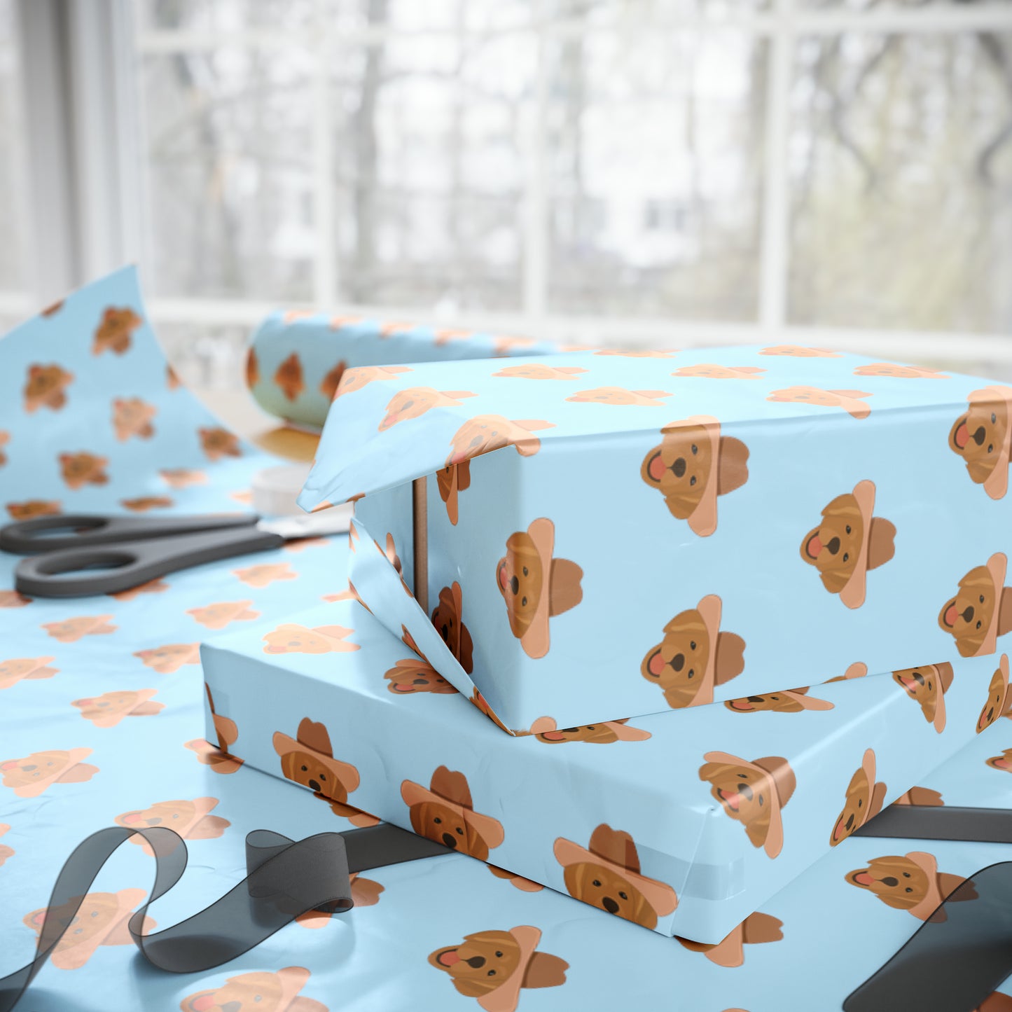 blue golden retriever wrapping paper, side view