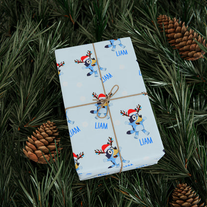 custom bluey wrapping paper, blue, christmas decor view