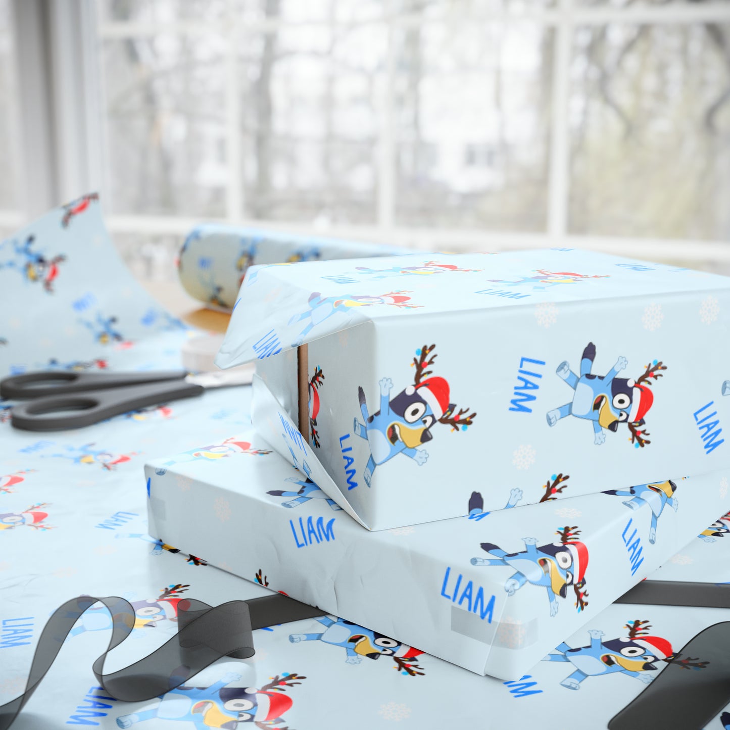 custom bluey wrapping paper, blue, side view of bluey character