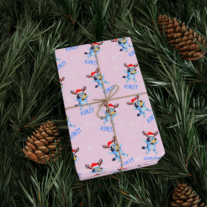 custom bluey wrapping paper, pink, christmas decor view