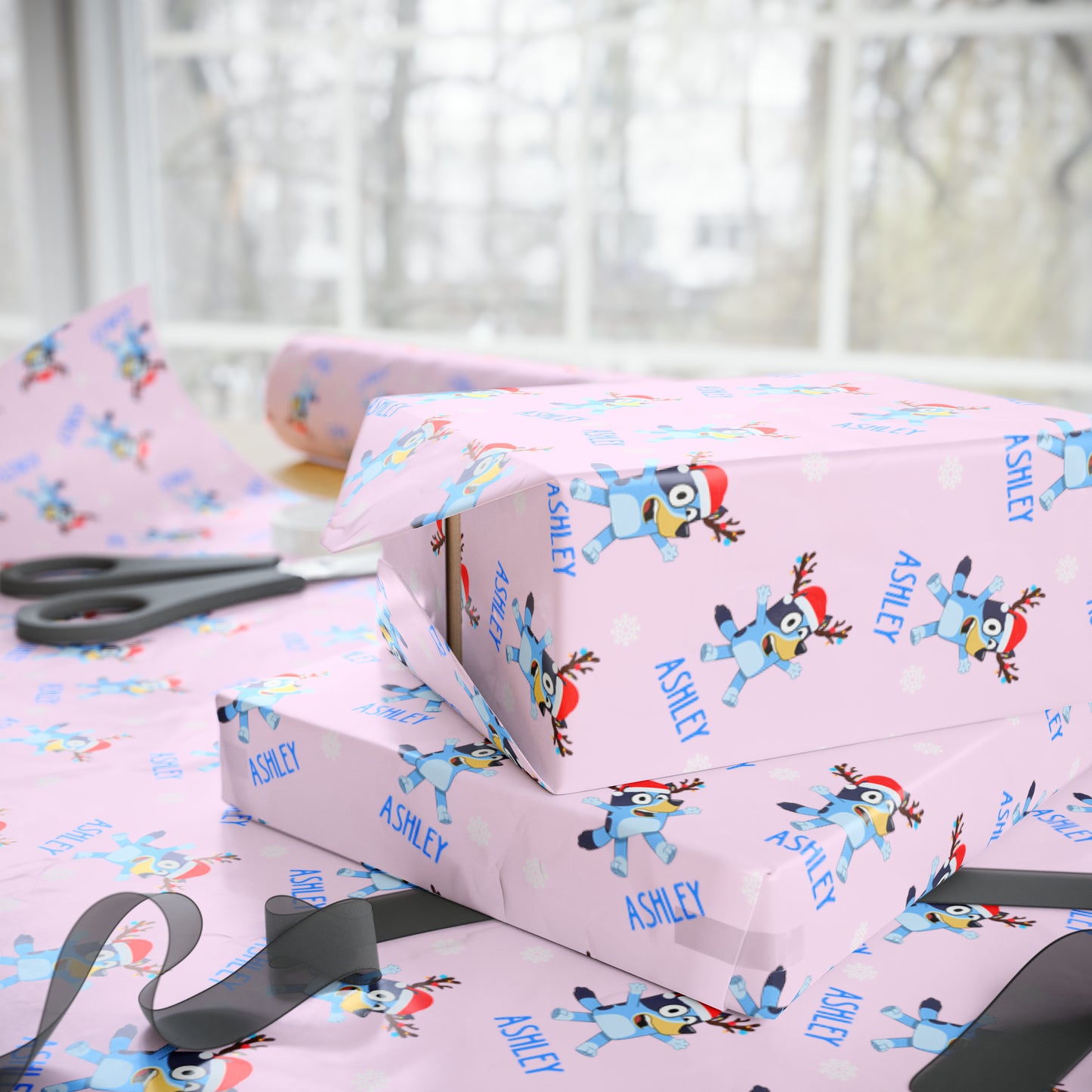 custom bluey wrapping paper, pink, side view of bluey character